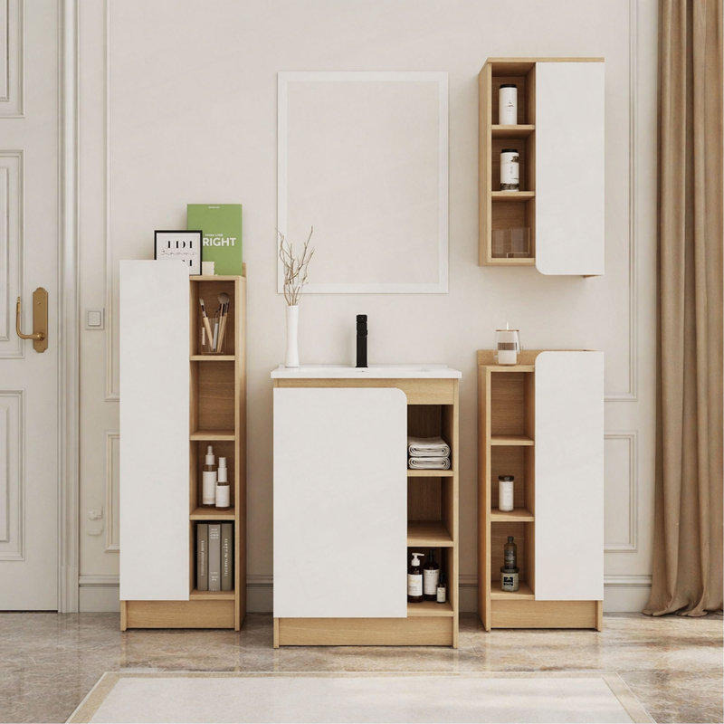 Ensemble de meuble-lavabo 4 pièces en chêne clair avec lavabo en céramique à bord mince, ensemble de meuble-lavabo avec armoires de rangement, panneaux de porte bicolores, ensemble KD