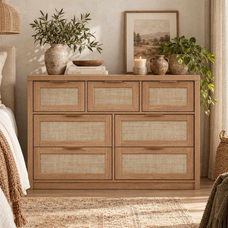 Arianna 47.2" W 7-Drawer Manufactured Wood Dresser, Natural Oak