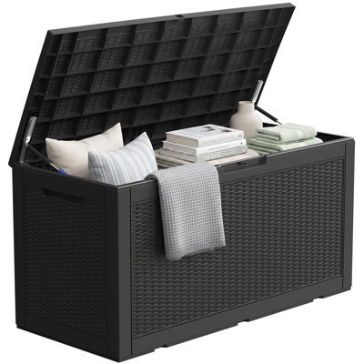 PawsomePad 100 gallons Boîte de rangement extérieure, contenant de terrasse en résine imperméable avec couvercle verrouillable, organisateur de patio pour coussins et outils de jardin, noir
