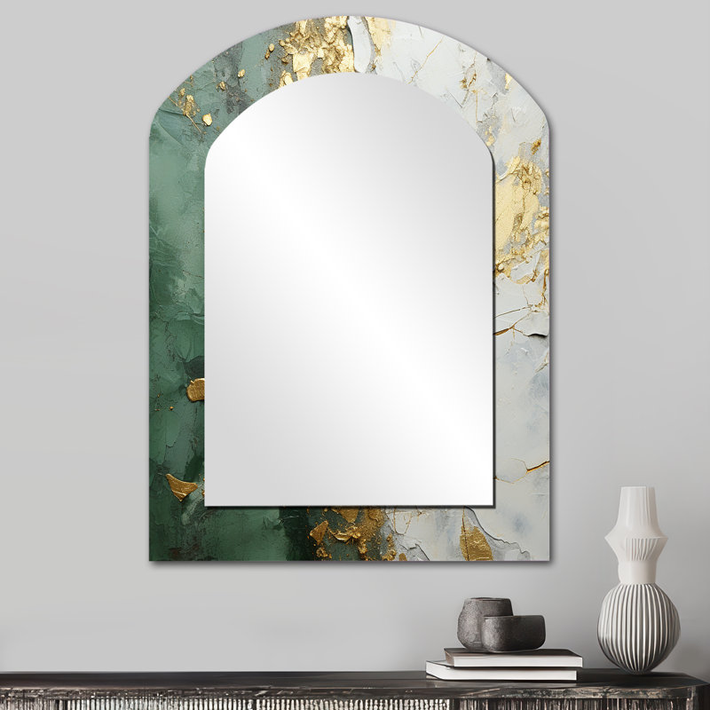 Gold And Green Paint Fusion - Abstract Painting Asymmetrical Mirror, Beige Arch Decorative Wall Mirror, Printed Metal Art