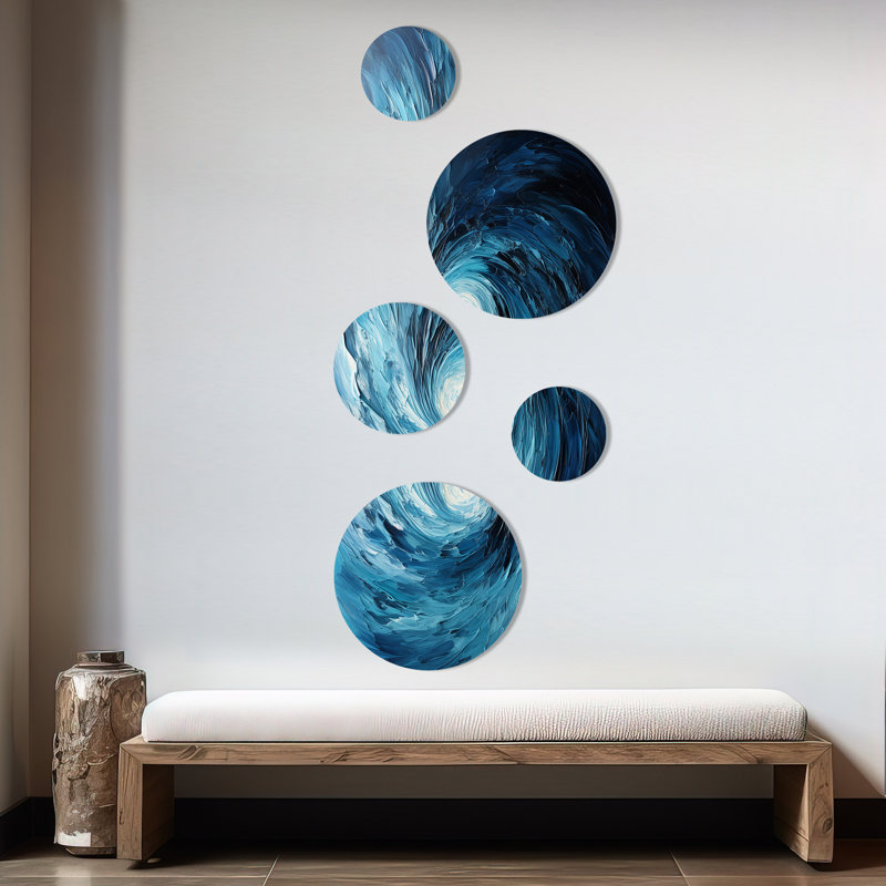 «Blue and White Emotion Spiral 3», ensemble d'art mural abstrait rond de 5