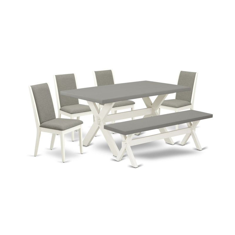 6 Piece Dinette Set Contains a Rectangle Dining Table with X-Legs and 4 Shitake Linen Fabric Parson Chairs with a Bench, wire brushed linen white