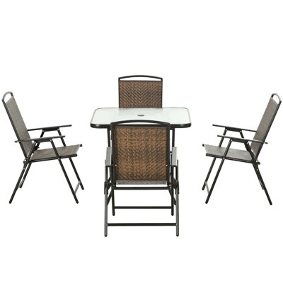 Table et chaises d'extérieur brun foncé, pliable, compatible avec parasol, 5 trous de salle à manger pliables en verre trempé, table, pour yummy