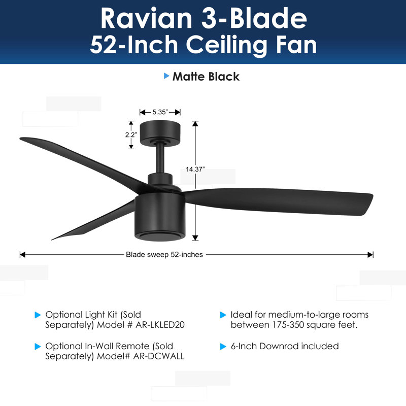 RAVIAN 52 inch 3-Blade Ceiling Fan With Remote (No Light), Matte Black