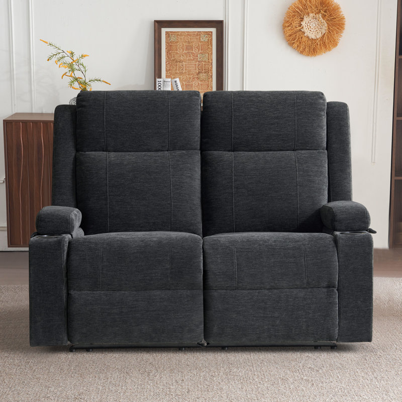 Modern Chenille Manual Reclining Loveseat With Cup Holders & Storage Armrests, Adjustable Backrest, Compact Design For Living Room-Black