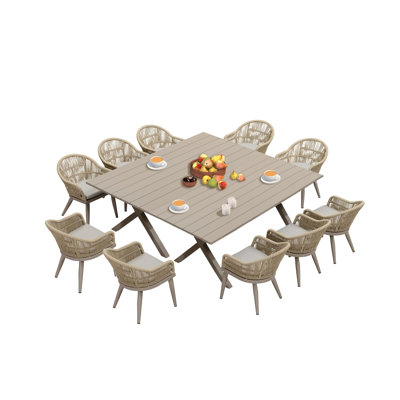 Ensemble de salle à manger d'extérieur en osier pour 10 personnes, table rectangulaire avec coussins