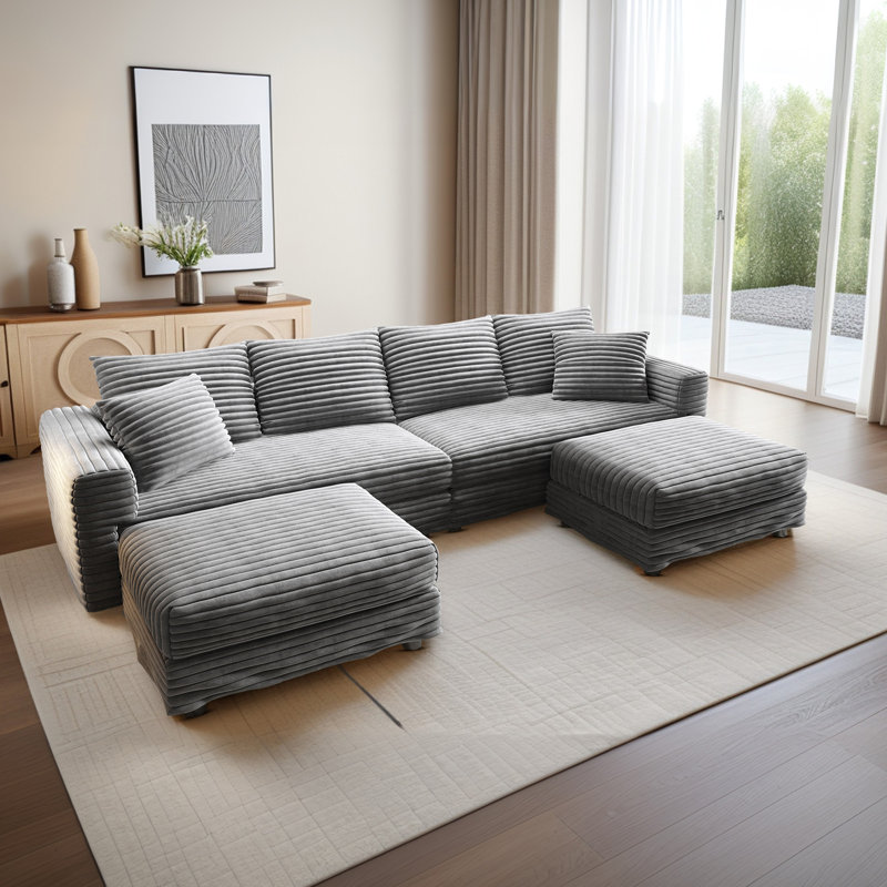 103'' Modular Sectional Sofa With Chaise Conversion And 2 Throw Pillows, Gray Corduroy