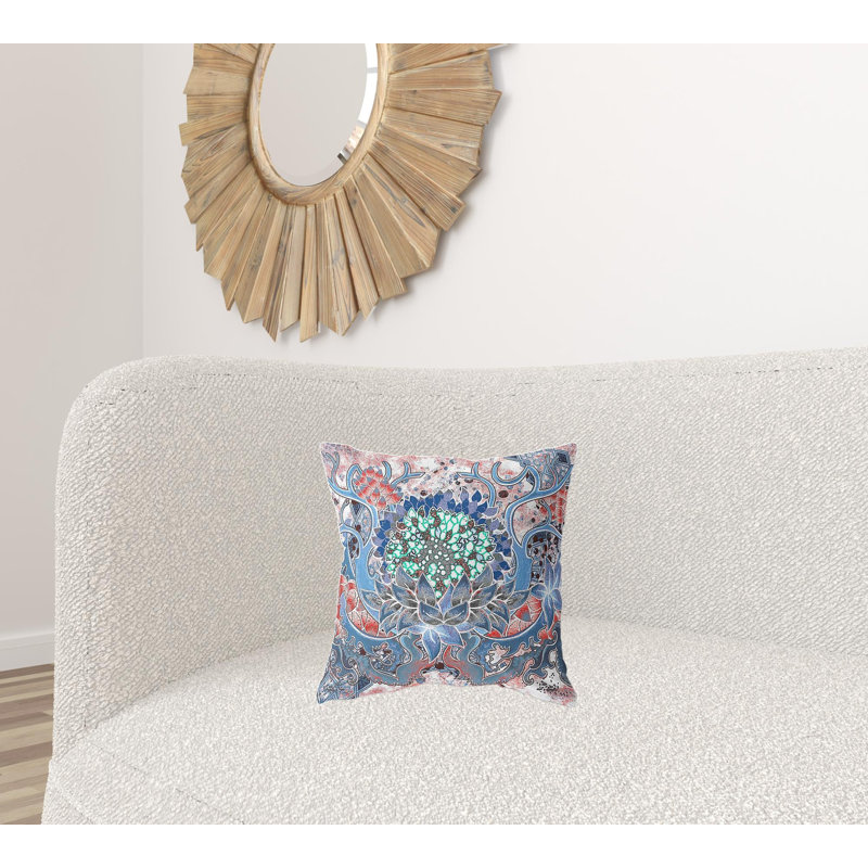 Coussin en suède à fermeture à glissière, Bleu ciel / floral rose, H 16 po x l 16 po