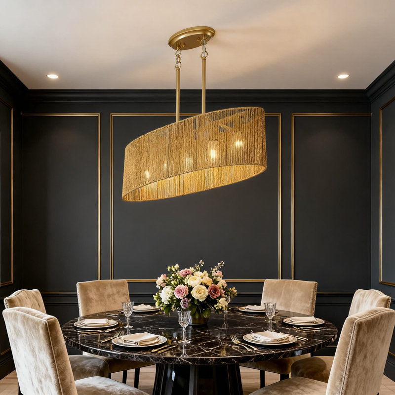 Lustre en rotin 5 lumières avec cadre doré réglable, luminaire suspendu pour îlot de cuisine pour salle à manger, salon, bar et restaurant