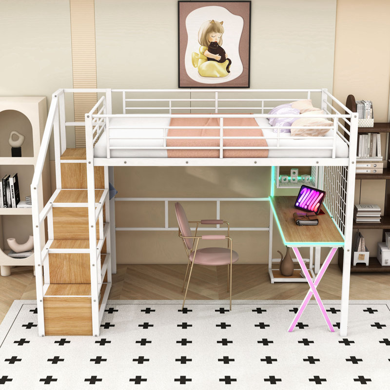 Lit mezzanine en métal avec bandes claires, garde-robe, bureau et tablettes, Complète