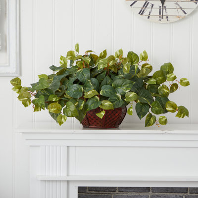 15'' Faux Pothos Plant in Wood Planter