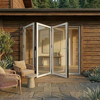 White Aluminum Folding Patio Door with Double Tempered Low-E Glass and Lock Set