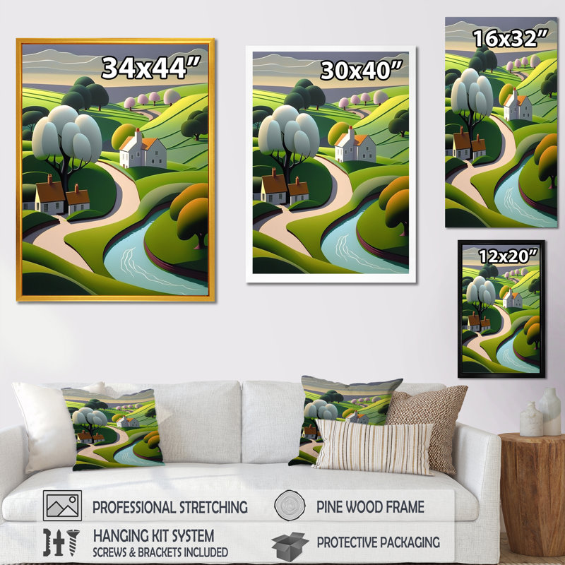 «Little Spring River In Abstract Green Mountains», art mural abstrait sur toile, Cadre photo blanc