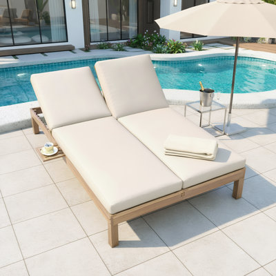 5-Position Adjustable Double Chaise Lounge with Cushion and Side Trays