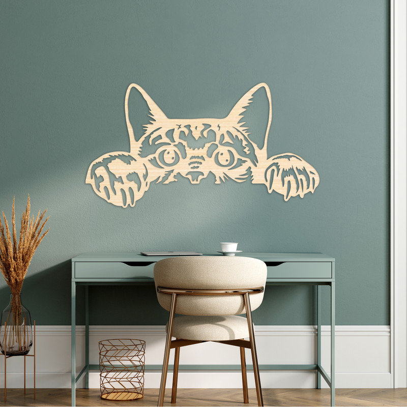 Abstrait art mural d'un chat curieux qui pointe au-dessus - ACM, H 17,2 po x l 32 po x P 0,25 po, Blanc