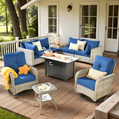 Tommy Outdoor Wicker 6 Person Seating Group With Cushions With Rocking And Swivel Chairs