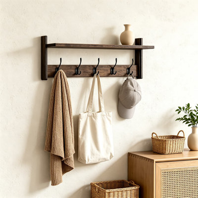 Portemanteau mural avec tablette, crochets muraux pour vestes de chapeaux, organisateur de rangement de couloir en bois rustique avec crochets en métal, décor de salon de ferme