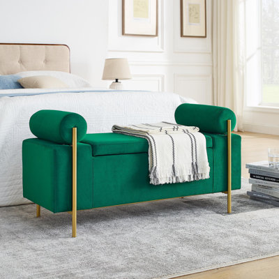 Élégant banc de rangement rembourré en velours avec accoudoirs cylindriques et pieds en fer pour couloir, chambre à coucher, vert