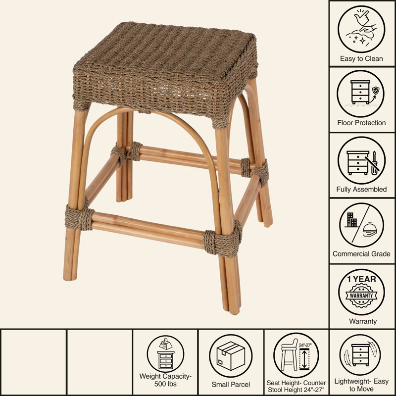 Robias 24.5"H Rectangular Rattan And Water Hyacinth Counter Stool, Khaki Brown