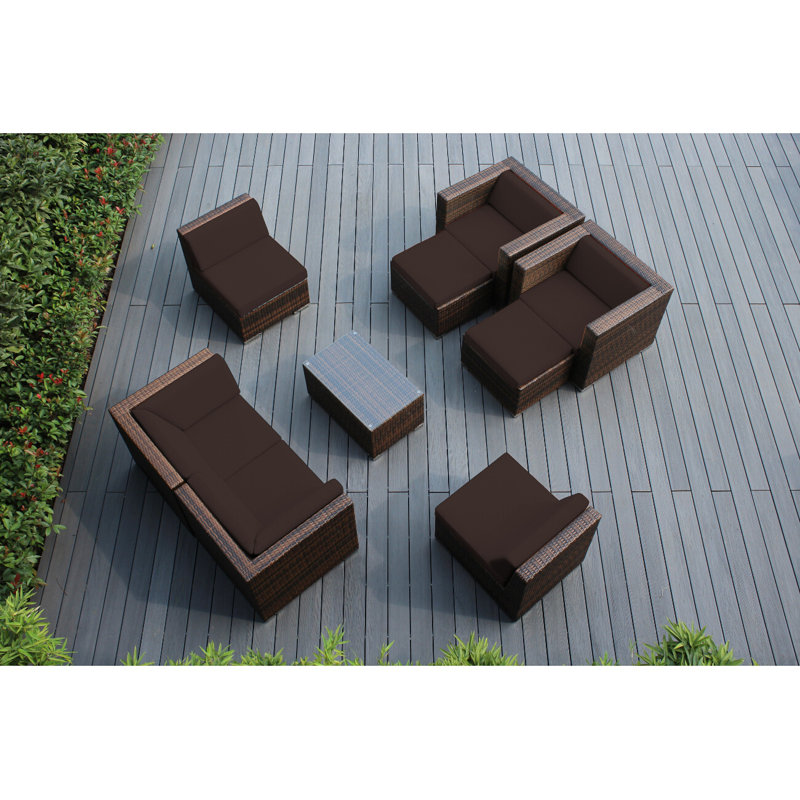 Bannan Wicker 6 - Person Seating Group with Cushions - No Assembly, Supercrylic Brown, Mixed Brown