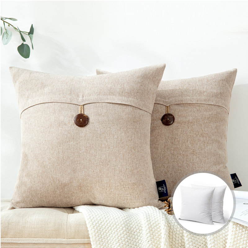 Beige Reversible Polyester Square Throw Pillow Set