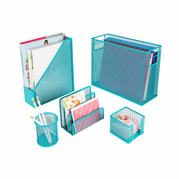 6 Piece Office Supplies/Desk Organizer Set with Desktop Leather Writing  Pad,File Paper Tray,Magazine folder Holder, Pen Cup,Sticky Note  Holder,Letter