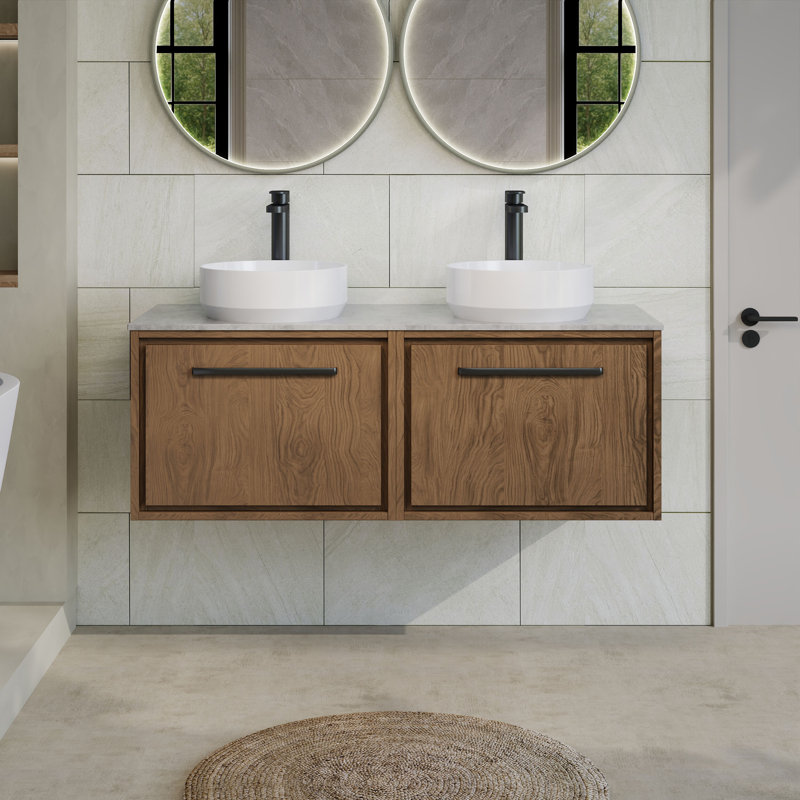 Tishay Bathroom Vanity, Antique Oak, 121cm W, Grey Marble