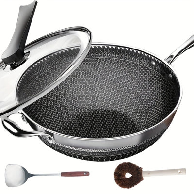 13.3 Inch Tri-ply Stainless Steel Wok with Lid And Spatula, Non Stick Stir-fry Pans with 2pcs Kitchen Accessories Gadgets, Kitchen Must Haves, Compatible with All Cooktops