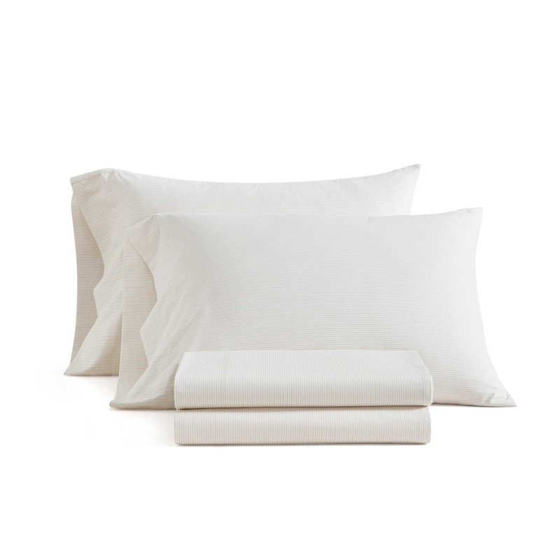 Martha Stewart Stripe Cotton Percale White Sheet Set, King Sheet Set with 2 Pillowcases, White Striped