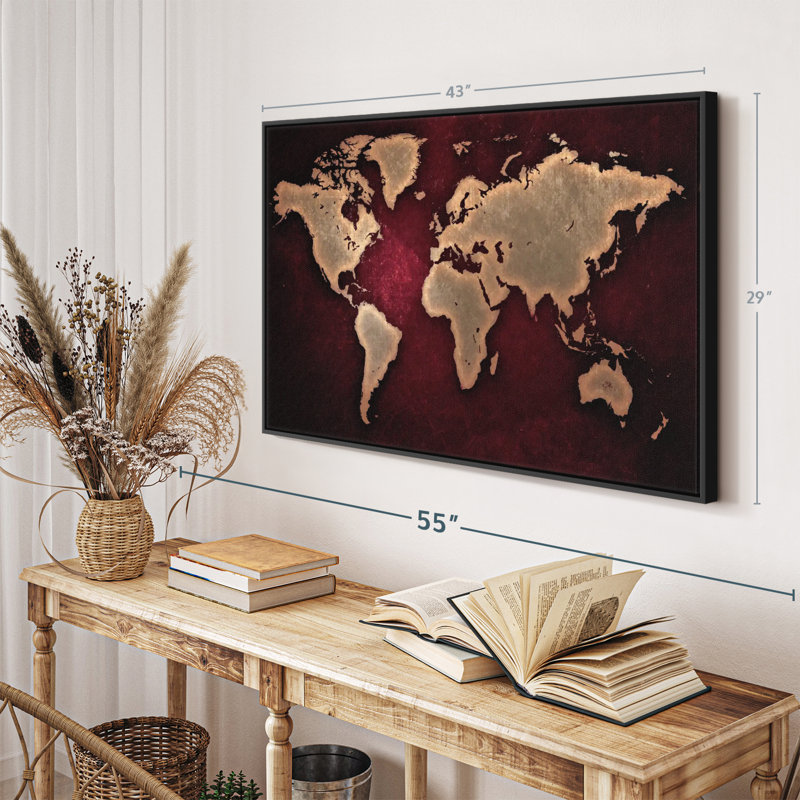 «Maroon World Map Wall Art», H 29 po x l 43 po