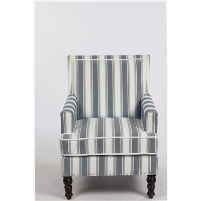 Upholstered Accent Chair, Vintage Armchair with Blue and White Striped Linen Fabric and Nailhead Trim for Living Room