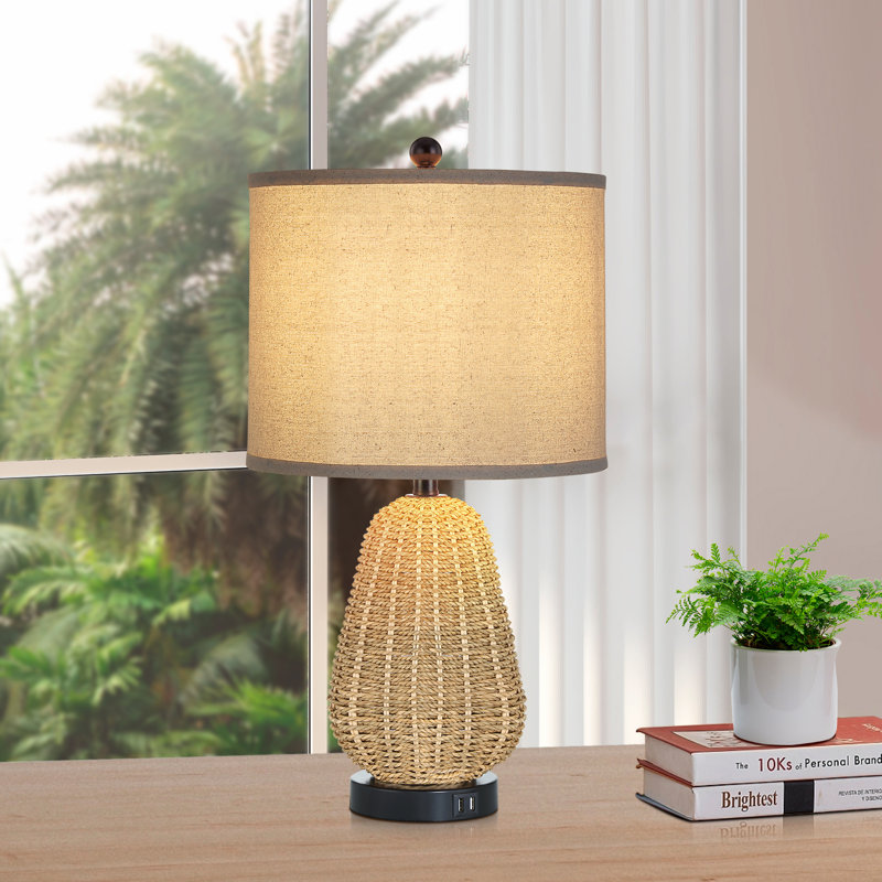 Inaya 22.8 in. Rattan Table Lamp with Dual USB Ports