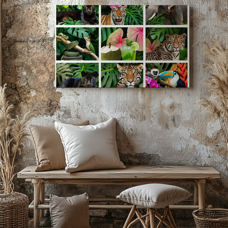 Toile dans un collage chaotique vibrant d'une scène de jungle luxuriante, H 11 po x l 14 po