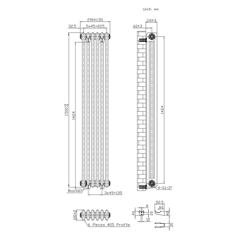 Standard Radiator, Grey, 59cm H x 11cm W x 4cm D
