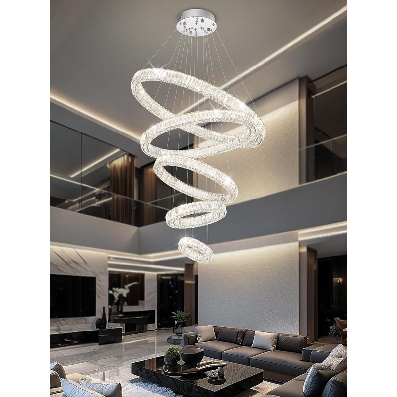 Grand lustre à 5 anneaux, lustre moderne pour hauts plafonds