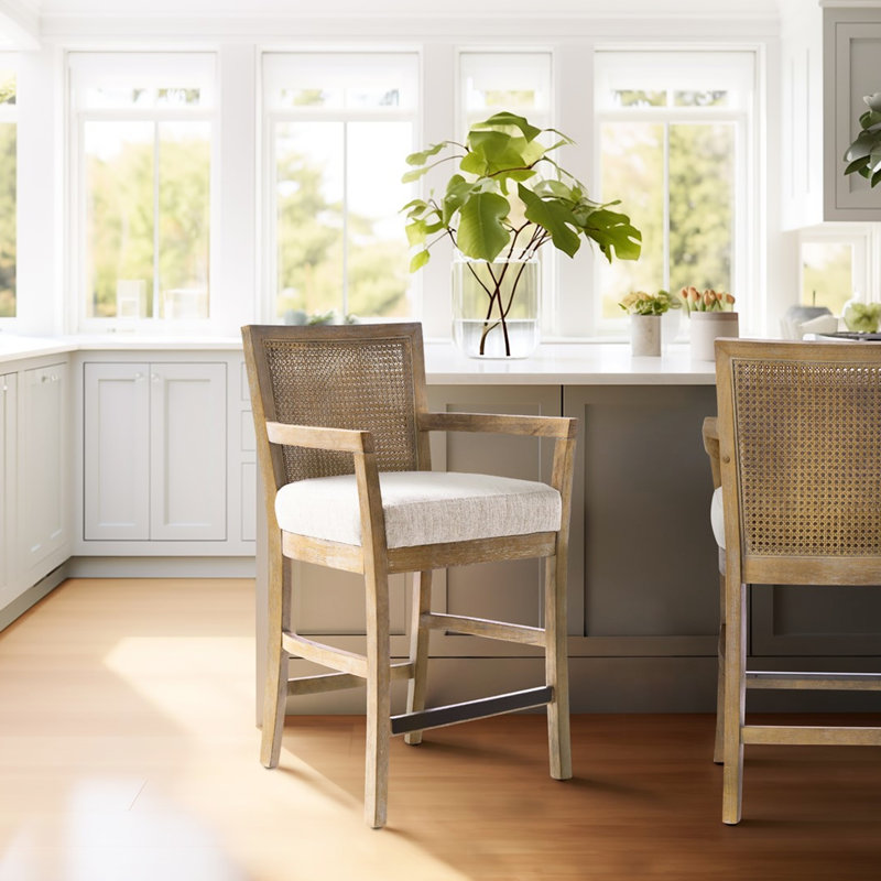 Counter Stool With Solid Wood Frame And Cane Back Design Upholstery