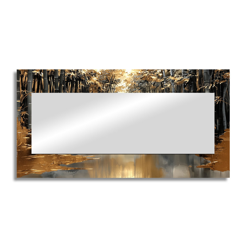 Golden Arashi Yama Bamboo River II - Floral Accent Wall Mirror - Printed On Metal, 28" x 55"