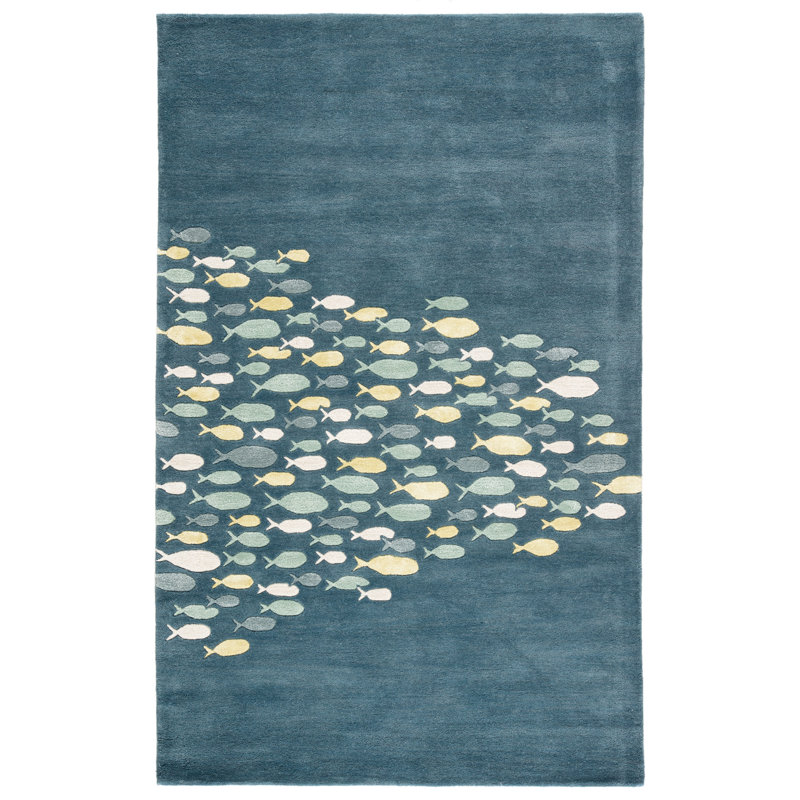 Tapis bleu / gris en laine / soie touffetée à la main Farley, Rectangle 9 pi 6 po x 13 pi 6 po