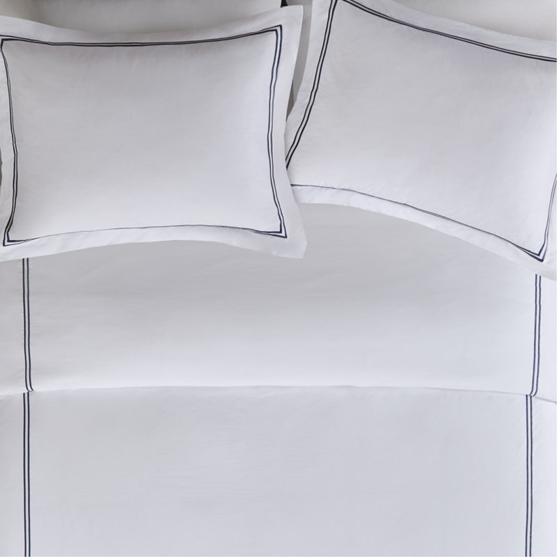 King/Cal King 100% Cotton Sateen Embroidered Comforter Set, King Duvet Cover + 4 Additional Pieces, White/Navy