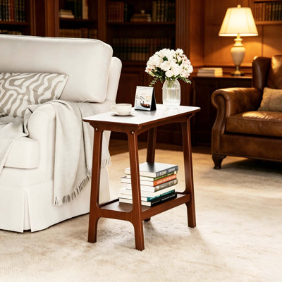 Retro Narrow Side Table,Slate Top Slim MDF Nightstand with Lower Storage Shelf