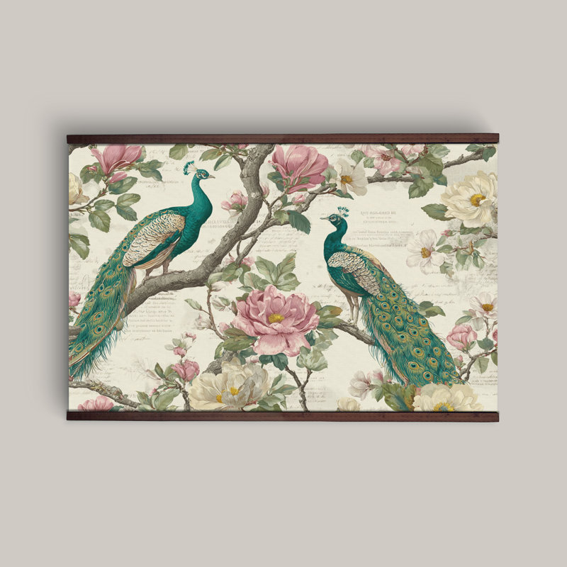 Chinoiserie Canvas Tapestry with Wood Hanger – Vintage Floral Wall Art, Ready to Hang, 32" H x 48" W