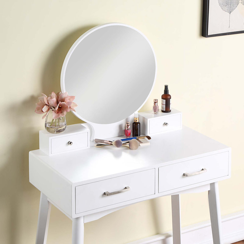 Ensemble de coiffeuse et tabouret contemporain en bois avec deux tiroirs, Blanc