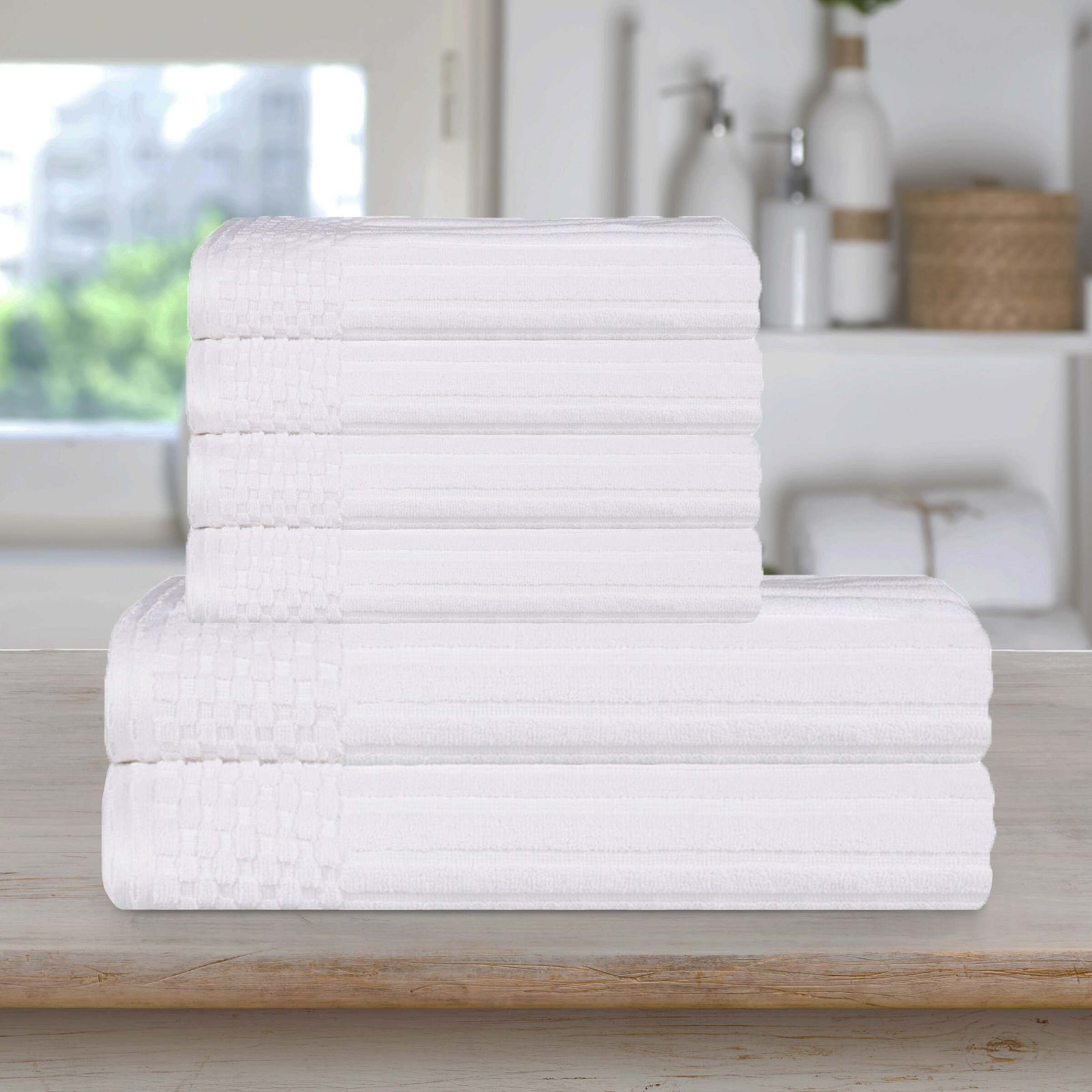 6-Piece Ribbed Cotton Towel Set, White