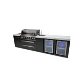 Six Burner Island In All 304 BLACK S/S With White Granite Toppped Cabinets, Infrared Rear And Side Burners. The Grill Includes A Rotis Kit, Full Lighting System Inside The Grill, Color Changing On-Off LED Lights On The Knobs And A Granite Chopping Board.