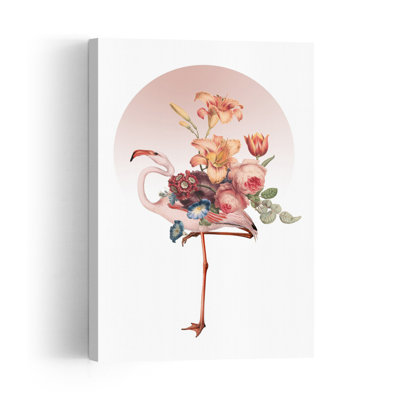 Whimsical Flamingo Bloom Elegant Romantic Whimsical Bird Flamingo Lily Flower Nature Wall Art Print by Marja Van Den - Wrapped Canvas Print