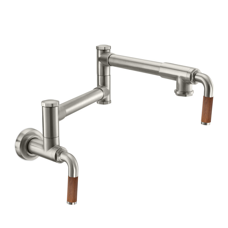 Pot Filler - Dual Handle Wall Mount - Industrial, Matte Black, Teak Lever Handle