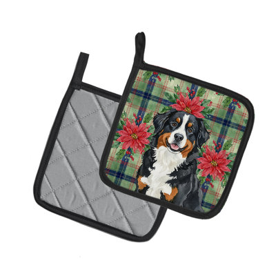 Caroline's Treasures Bernese Mountain Dog Christmas Poinsettas Pair Of Pot Holders In Multicolor
