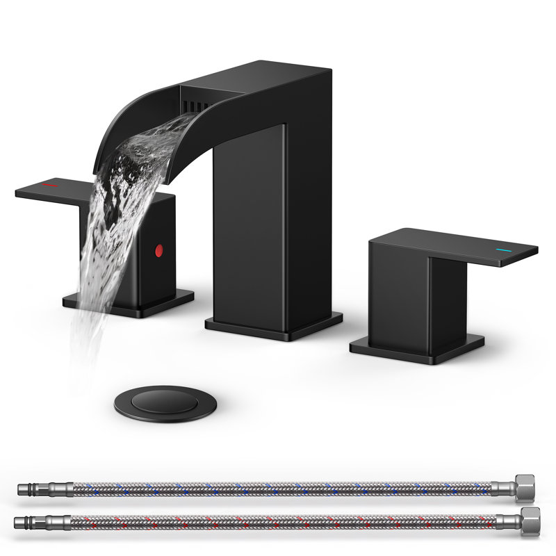 Waterfall Widespread Bathroom Faucet 3 Hole, 2-handle Bathroom Sink Faucet with Drain Assembly, Black
