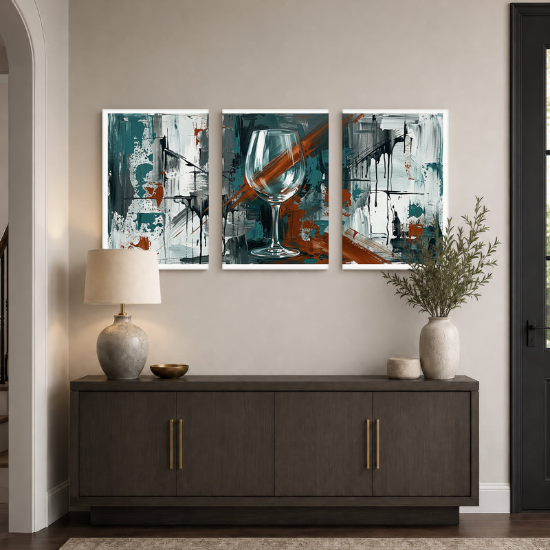 Ensemble de 3 toiles murales abstraites représentant des verres à vin transparents aux tons turquoise et rouille