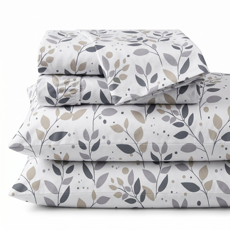 4 Piece Double Bed Sheet Set - Buttery Soft & Wrinkle Free Microfiber - Grey Branches Print Bedding, Gray Floral